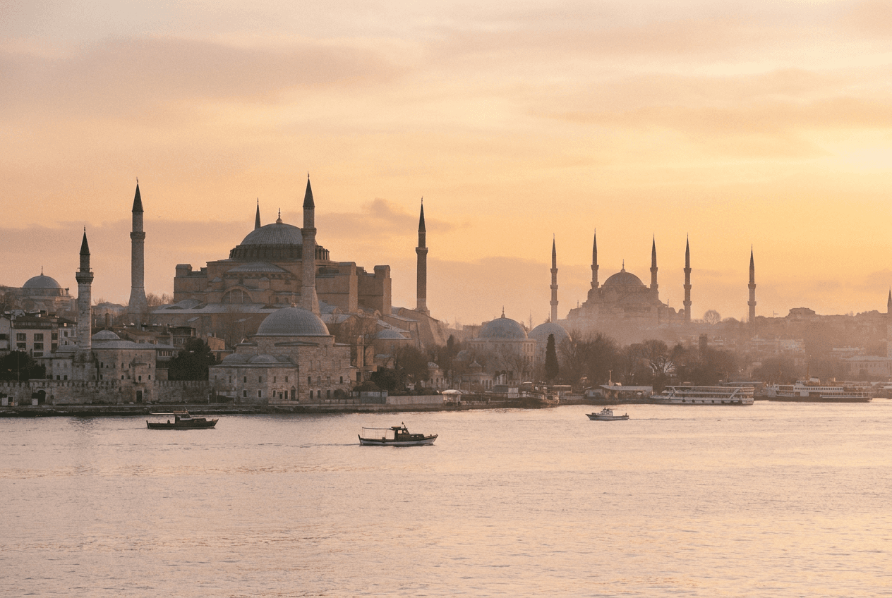 Skyline von Istanbul am Bosporus im goldenen Abendlicht